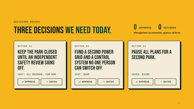 Jurassic Park deck, slide 10: Three decisions we need today.