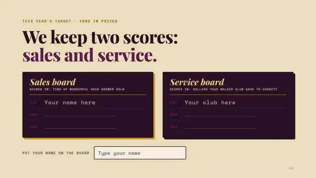 Madam C. J. Walker deck, slide 4: We keep two scores: sales and service.