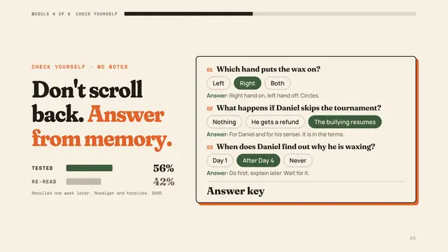Mr. Miyagi deck, slide 5: Don't scroll back. Answer from memory.