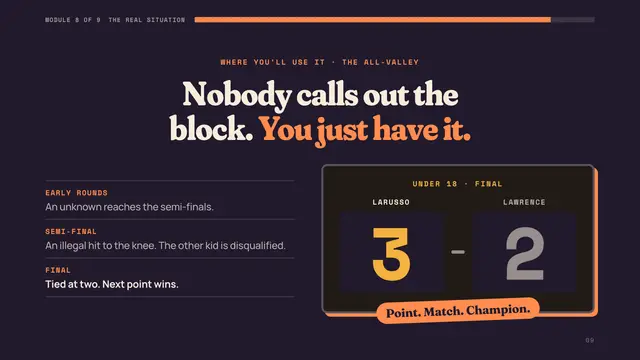 Mr. Miyagi deck, slide 9: Nobody calls out the block. You just have it.