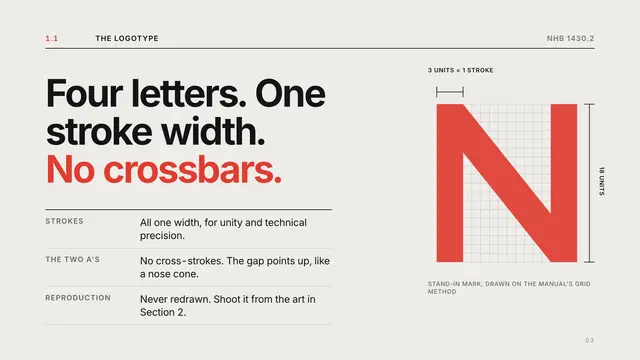 NASA deck, slide 3: Four letters. One stroke width. No crossbars.