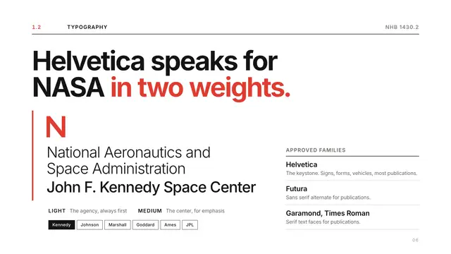 NASA deck, slide 6: Helvetica speaks for NASA in two weights.