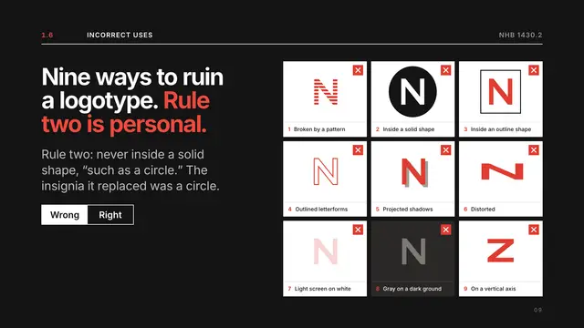 NASA deck, slide 9: Nine ways to ruin a logotype. Rule two is personal.