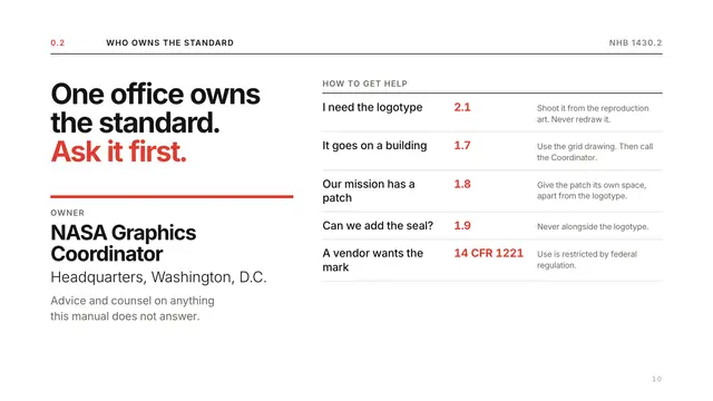 NASA deck, slide 10: One office owns the standard. Ask it first.