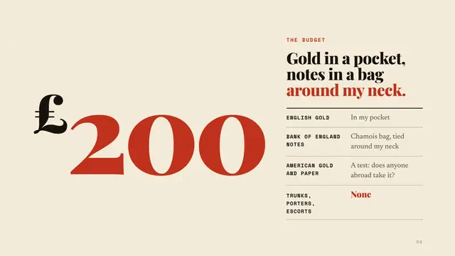Nellie Bly deck, slide 4: Gold in a pocket, notes in a bag around my neck.