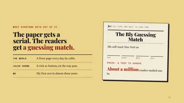 Nellie Bly deck, slide 8: The paper gets a serial. The readers get a guessing match.
