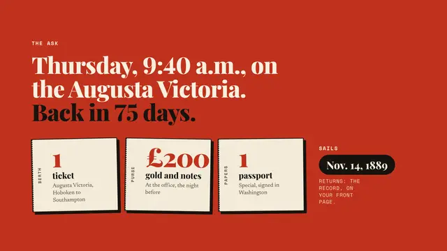 Nellie Bly deck, slide 10: Thursday, 9:40 a.m., on the Augusta Victoria. Back in 75 days.