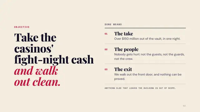 Danny Ocean deck, slide 2: Take the casinos' fight-night cash and walk out clean.