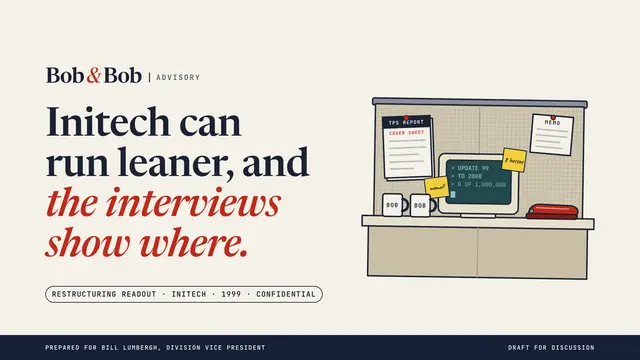 Initech deck, slide 1: Initech can run leaner, and the interviews show where.