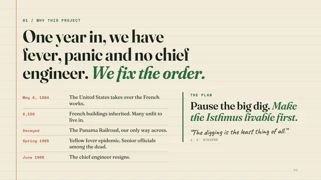The Panama Canal deck, slide 2: One year in, we have fever, panic and no chief engineer. We fix the order.