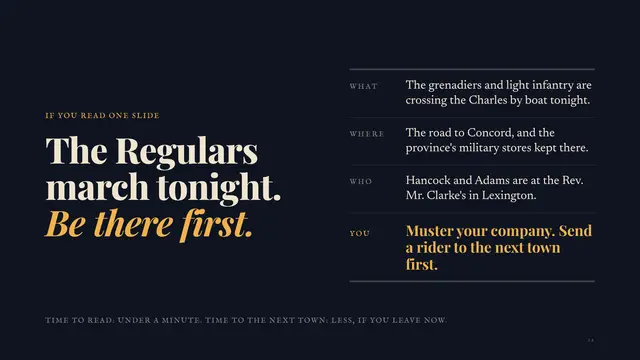Paul Revere deck, slide 2: The Regulars march tonight. Be there first.
