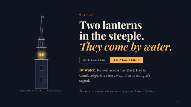 Paul Revere deck, slide 4: Two lanterns in the steeple. They come by water.