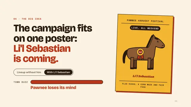 Pawnee Parks and Recreation deck, slide 5: The campaign fits on one poster: Li'l Sebastian is coming.