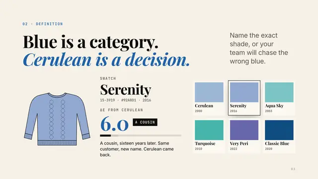 Runway deck, slide 3: Blue is a category. Cerulean is a decision.
