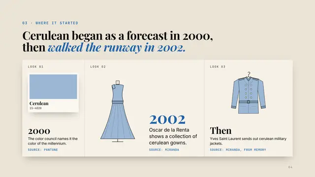 Runway deck, slide 4: Cerulean began as a forecast in 2000, then walked the runway in 2002.