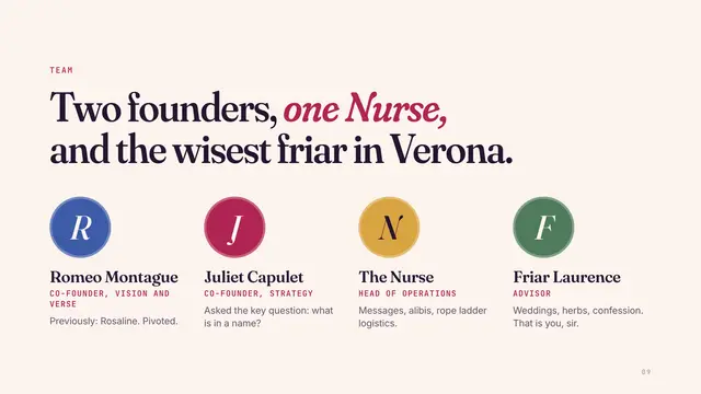 Romeo and Juliet deck, slide 9: Two founders, one Nurse, and the wisest friar in Verona.
