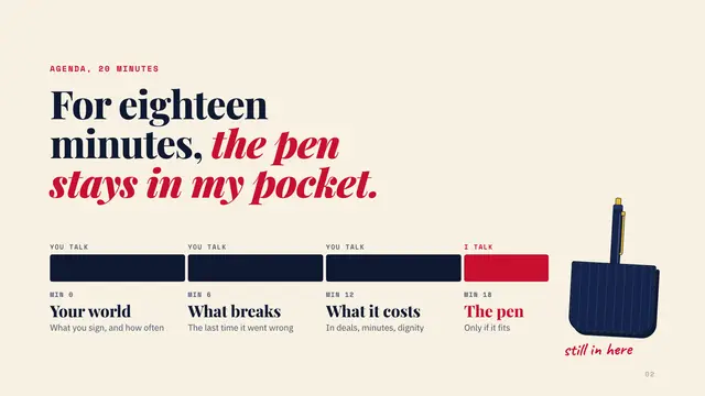 The Wolf of Wall Street deck, slide 2: For eighteen minutes, the pen stays in my pocket.