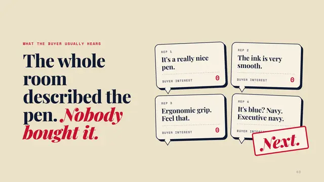 The Wolf of Wall Street deck, slide 3: The whole room described the pen. Nobody bought it.