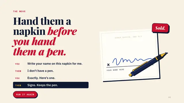The Wolf of Wall Street deck, slide 5: Hand them a napkin before you hand them a pen.