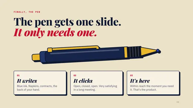 The Wolf of Wall Street deck, slide 8: The pen gets one slide. It only needs one.