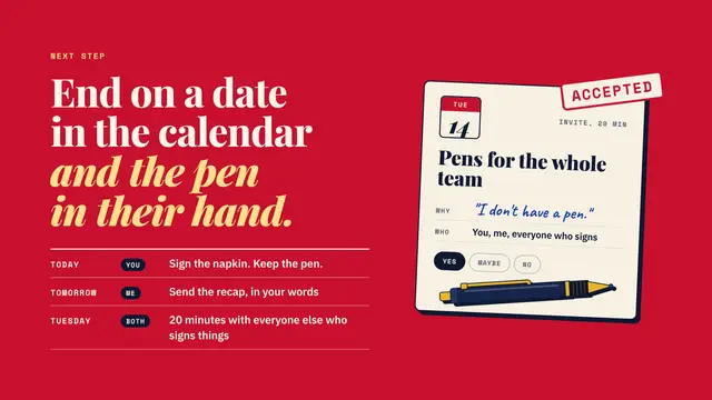 The Wolf of Wall Street deck, slide 12: End on a date in the calendar and the pen in their hand.