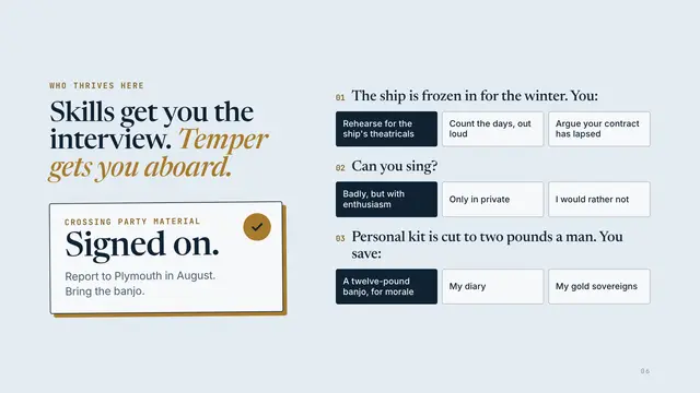 Ernest Shackleton deck, slide 6: Skills get you the interview. Temper gets you aboard.