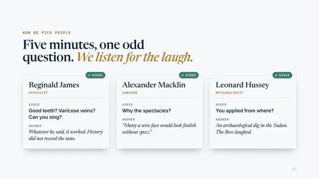 Ernest Shackleton deck, slide 7: Five minutes, one odd question. We listen for the laugh.
