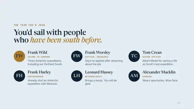 Ernest Shackleton deck, slide 9: You'd sail with people who have been south before.