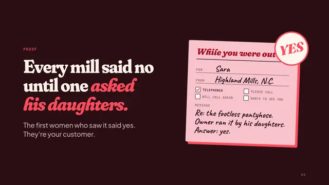 Spanx deck, slide 8: Every mill said no until one asked his daughters.