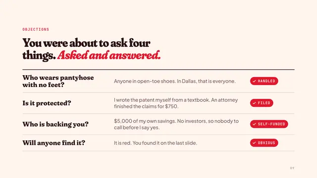 Spanx deck, slide 9: You were about to ask four things. Asked and answered.
