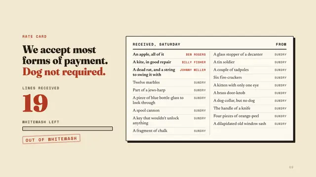 Tom Sawyer deck, slide 9: We accept most forms of payment. Dog not required.