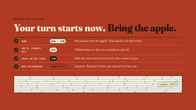 Tom Sawyer deck, slide 10: Your turn starts now. Bring the apple.
