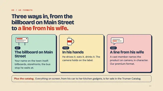 The Truman Show deck, slide 6: Three ways in, from the billboard on Main Street to a line from his wife.