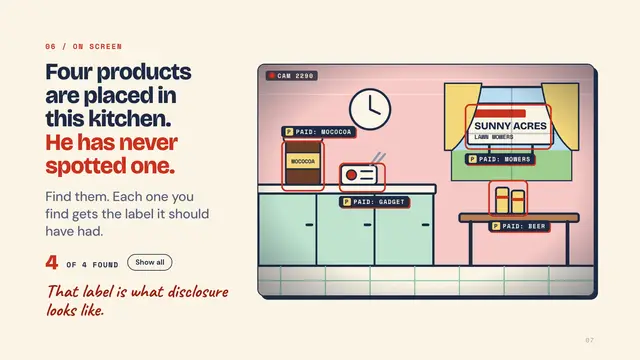 The Truman Show deck, slide 7: Four products are placed in this kitchen. He has never spotted one.