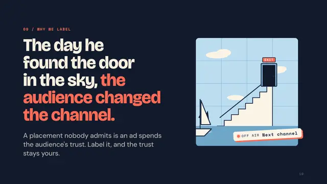 The Truman Show deck, slide 10: The day he found the door in the sky, the audience changed the channel.