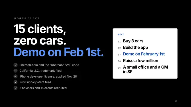 Uber deck, slide 11: 15 clients, zero cars. Demo on Feb 1st.