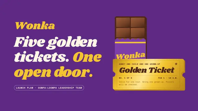 Willy Wonka deck, slide 1: Five golden tickets. One open door.
