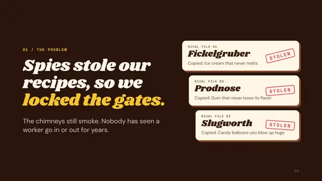 Willy Wonka deck, slide 2: Spies stole our recipes, so we locked the gates.
