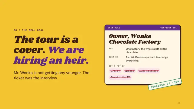 Willy Wonka deck, slide 8: The tour is a cover. We are hiring an heir.
