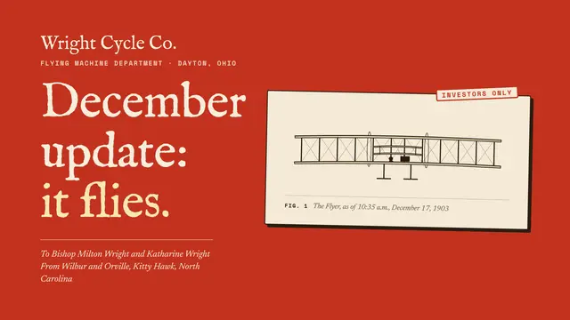 The Wright brothers deck, slide 1: December update: it flies.