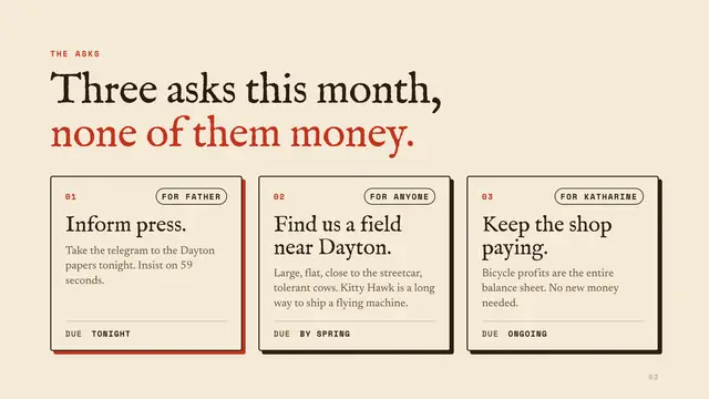 The Wright brothers deck, slide 3: Three asks this month, none of them money.