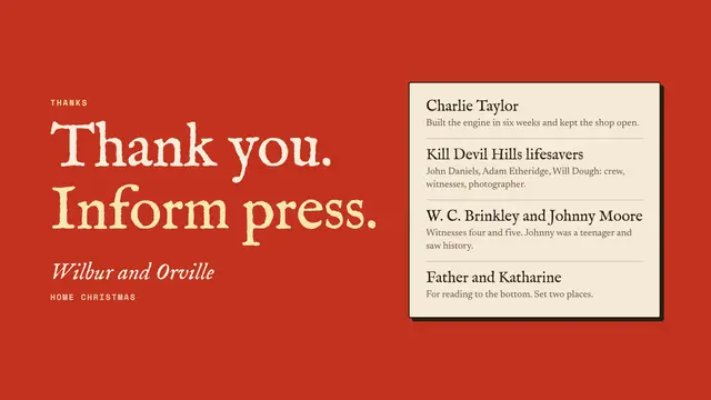 The Wright brothers deck, slide 11: Thank you. Inform press.