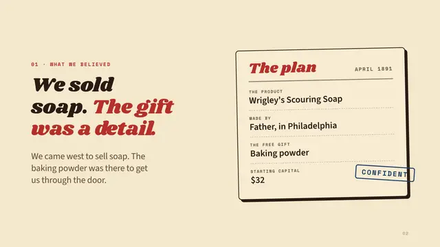 Wrigley deck, slide 2: We sold soap. The gift was a detail.
